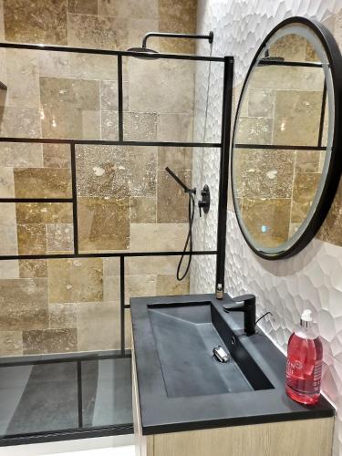 une salle de bain avec un lavabo et un miroir dans l'établissement Appartement T2 Panier Vieux Port rénové, à Marseille