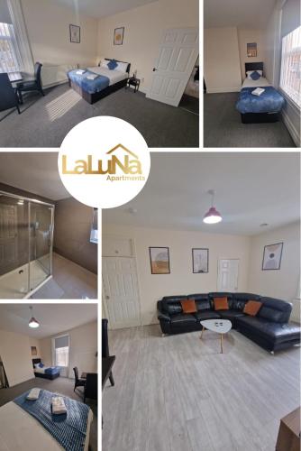 a collage of four pictures of a living room at LaLuNa One Bedroom Apartment Newcastle in Elswick