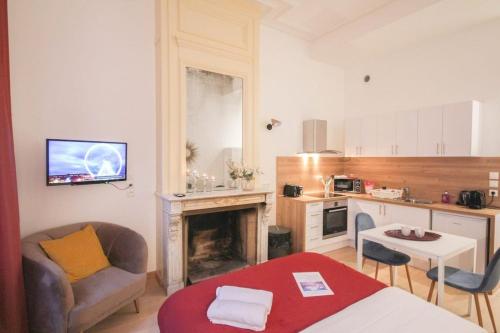 Il dispose d'une cuisine et d'un salon avec un canapé et une cheminée. dans l'établissement Lille Centre - Superb equipped studio!, à Lille