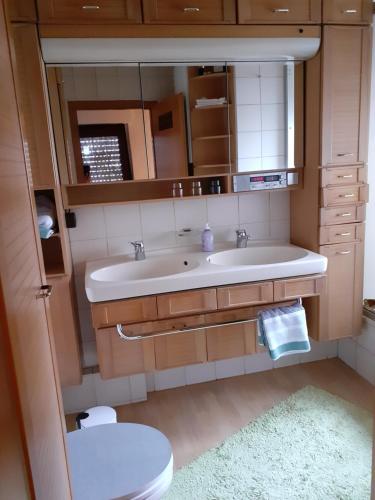 een badkamer met een wastafel en een toilet bij Ruhiges Ferienhaus im Garten in Bad Salzuflen