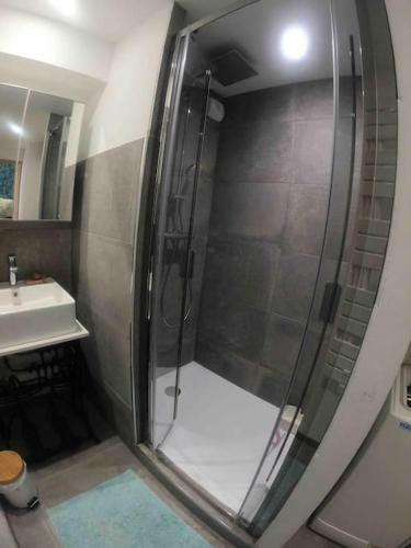 une douche avec une porte vitrée dans une salle de bain dans l'établissement Appart 4 pers piscine Couchant, à La Grande Motte