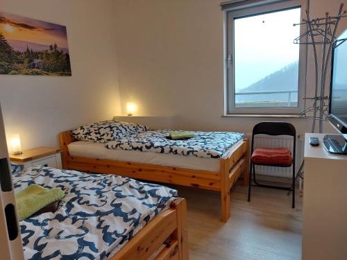 En eller flere senge i et værelse på Ferienwohnung Penthouse Wolke 16 mit Schwimmbad und Saunanutzung