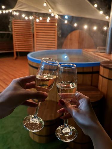 two people holding wine glasses in front of a pool at Naposdomb Vendégház in Miskolc
