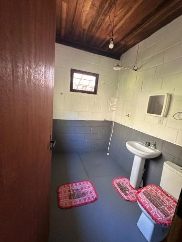 La salle de bains est pourvue d'un lavabo et de toilettes. dans l'établissement Paraíso da serra, à São Francisco Xavier