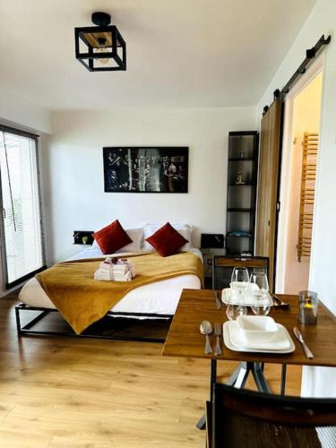 a bedroom with a bed with red pillows on it at Le Golden - Terrasse & Parking in Rennes