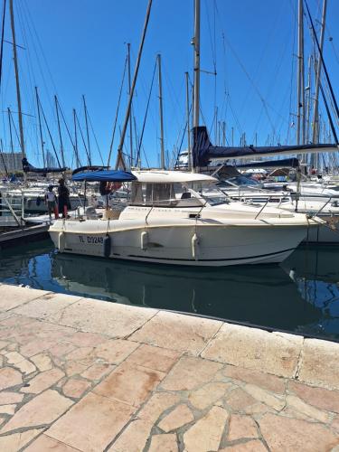 un bateau blanc est amarré dans un port dans l'établissement Bel abris, à La Valette-du-Var