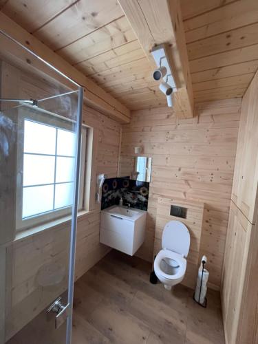 a wooden bathroom with a toilet and a sink at Domki - Zajazd Zieleńska Polana in Wisła