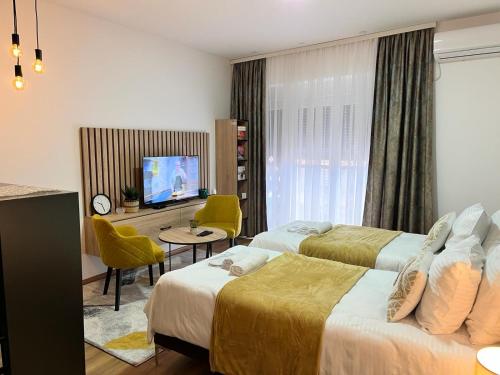 a hotel room with two beds and a television at Apartmani Profesional Pajkovic in Valjevo