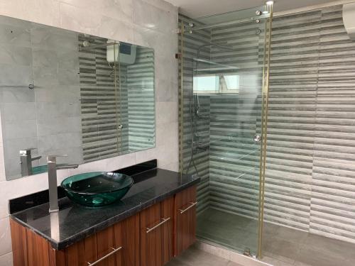 a bathroom with a sink and a glass shower at The Emem Apartment Collections in Lagos