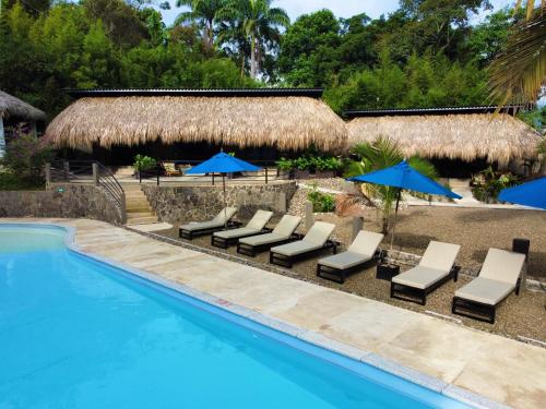 a pool with chairs and umbrellas next to a resort at Jungla EcoLuxury Resort in Villeta