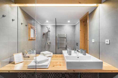 a bathroom with a sink and a shower at Mesendorf Gasthaus in Meşendorf