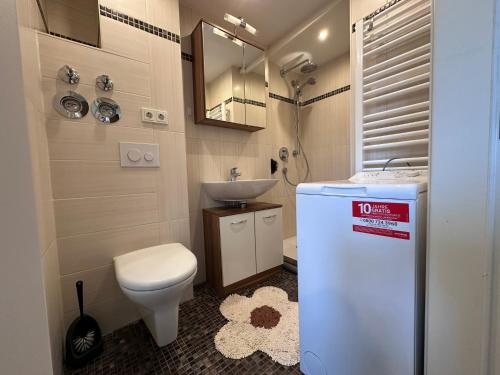 ein kleines Bad mit WC und Waschbecken in der Unterkunft Ausblick Spessart Ferienwohnung nähe Therme und Salzgrotte in Bad Soden-Salmünster