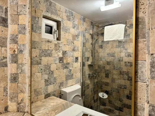 a bathroom with a toilet and a glass shower at Apartament Mahmudia - Casa Anastasia Murighiol in Mahmudia