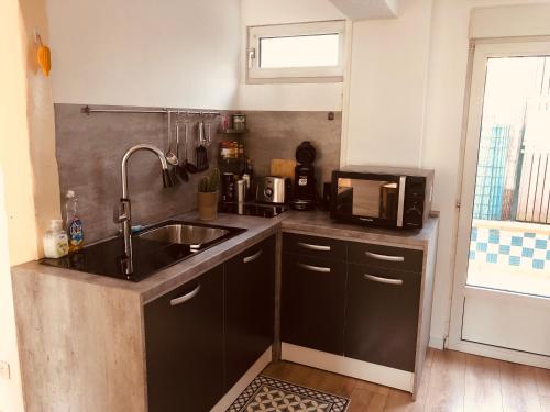 une cuisine avec un évier et un micro-ondes dans l'établissement MAY LOVERS Cosy appart + terrasse near city center, à Strasbourg