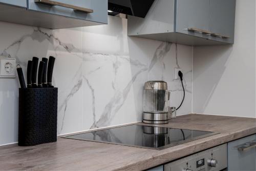 a kitchen with a mixer on a counter top at Stylish Apartment For up to 4 Guests With WiFi, Free Parking in Vilkaviškis