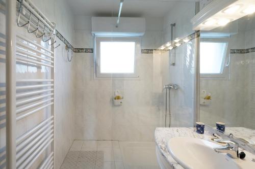 a white bathroom with a shower and a sink at Bidasoabanks in Hendaye