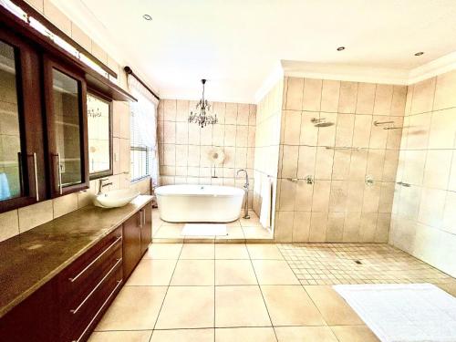 哈特比斯普特的住宿－Mountainview Villa，带浴缸、淋浴和盥洗盆的浴室