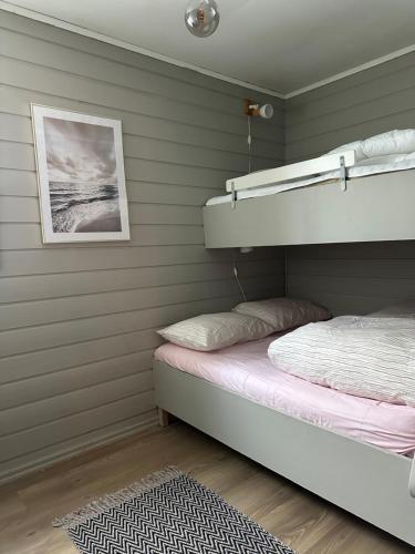a bedroom with two bunk beds and a rug at Oppdal Alpintun ski in ski out in Oppdal