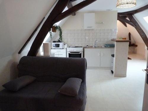 un salon avec un canapé et une cuisine dans l'établissement Bel Appartement aux portes de l’Auxois-Morvan, à Précy-sous-Thil