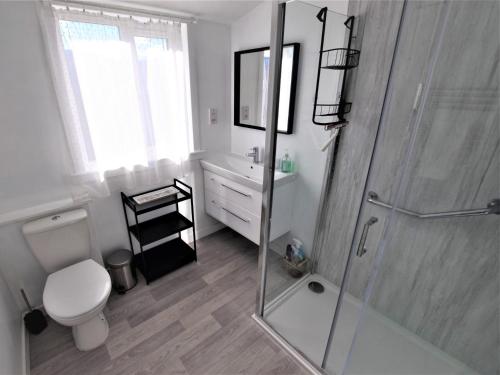 uma casa de banho com um WC e uma cabina de duche em vidro. em 2 Bed in Pitlochry CA084 em Struan