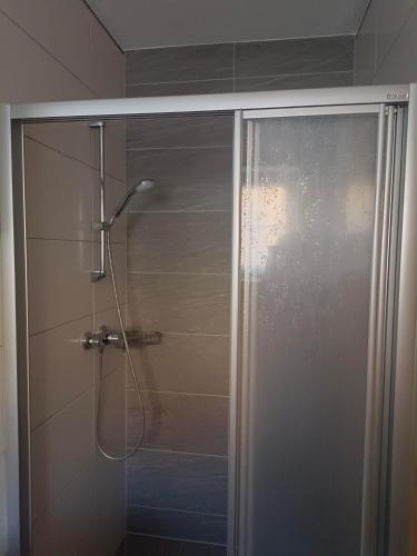 a shower with a glass door in a bathroom at Haus Moser in Wagrain