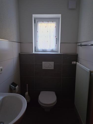 a bathroom with a toilet and a sink and a window at Haus Moser in Wagrain
