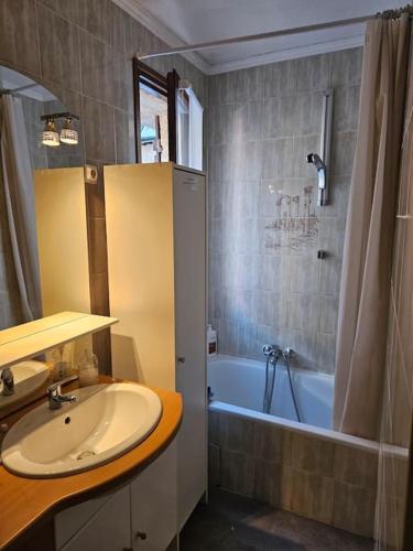 une salle de bain avec un lavabo et une baignoire dans l'établissement Appartement 2 pièces au milieu des chalets. Grande Terrasse Orientée Sud, à Saint-Étienne-de-Tinée