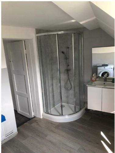 La salle de bains est pourvue d'une douche et d'un lavabo. dans l'établissement Le Portel authentique, hypercentre, à Le Portel