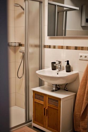 a bathroom with a sink and a shower at Pößnecker Werkstätten - FeWo Katharina von Bora in Pößneck