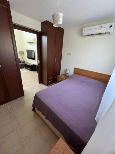 ein Schlafzimmer mit einem lila Bett und ein Wohnzimmer in der Unterkunft Дуплекс 2+1 в Татлысу in Akanthou