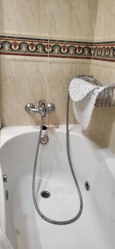 bañera con cabezal de ducha encima en Apartamento en Coruña con parking, en A Coruña