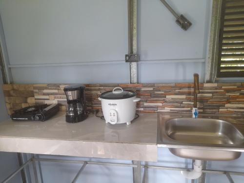 a slow cooker sitting on a counter next to a sink at Chava Camping Rio Celeste in Rio Celeste