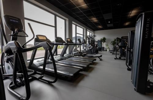 a gym with rows of treadmills and machines at Les Terrasses du Port in Saint-Pierre