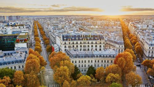 une vue aérienne sur une ville arborée et bâtie dans l'établissement Résidence 66 Grands Champs, à Paris