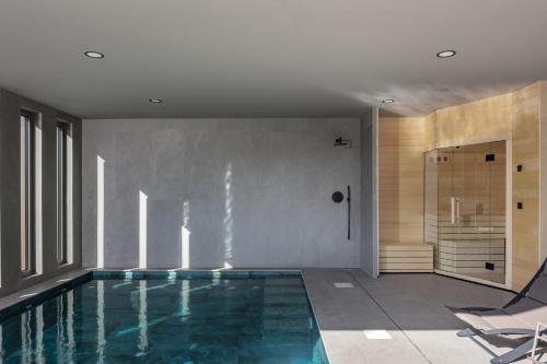 a bathroom with a swimming pool and a shower at Villa Luiv Chalet in Mrkopalj