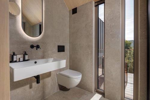 bagno con lavandino, servizi igienici e specchio di Villa Luiv Chalet a Mrkopalj