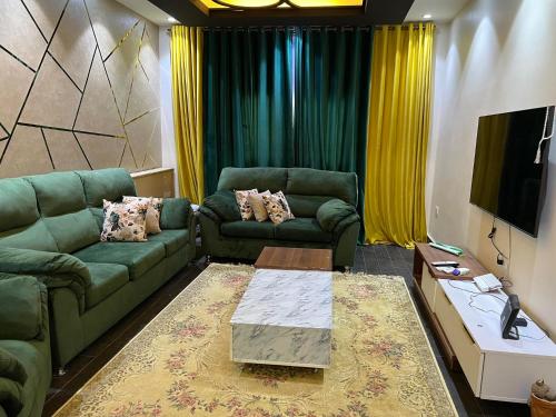 een woonkamer met groene banken en een tv bij احمد عرابي المهندسين in Caïro
