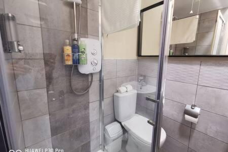 a bathroom with a shower with a toilet and a sink at Cosy Apartment near OConnell ST RELIABLE FAST WIFI in Dublin