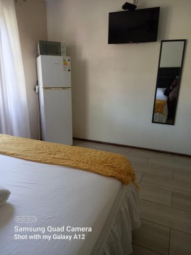 a room with a white refrigerator and a tv at Secret Guest House in Pietermaritzburg