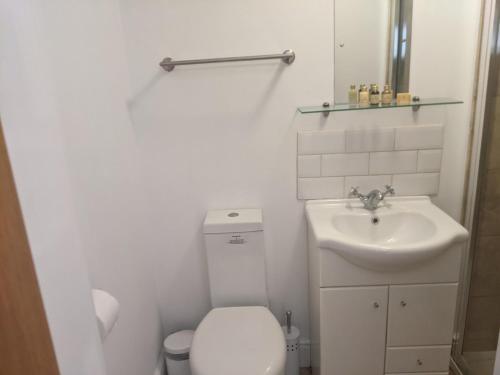 a white bathroom with a toilet and a sink at Pass the Keys Cosy 1 Bed Studio in Central Bath in Bath