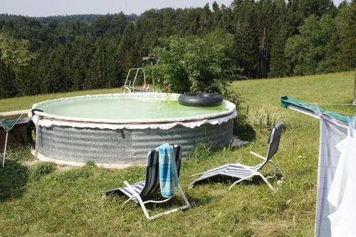 two chairs and a swimming pool in a field at Bushof - Leben auf dem Land in Sulzbach an der Murr