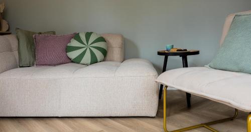 uma sala de estar com um sofá e uma cadeira em Boslodge Bosmus - 4 personen - NIEUW em Nunspeet