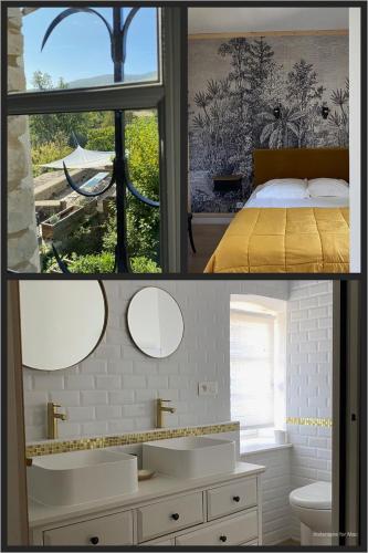 a bathroom with a bed and a sink and a mirror at Un je ne sais quoi de Paradis in Les Vans
