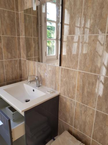 a bathroom with a sink and a mirror at Chambres d'Hôtes Le Menestrel in Les Eyzies-de-Tayac