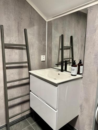 a bathroom with a sink and a mirror at Arctic Loft in Skjervøy