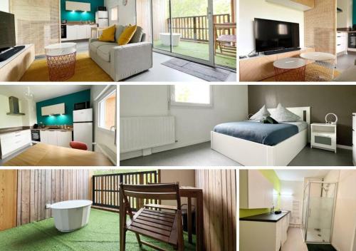 un collage de quatre photos d'un salon dans l'établissement Le Joséphine, à Nantes