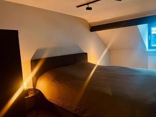 Un dormitorio con una cama con luces. en Le Quatre F, en La-Roche-en-Ardenne