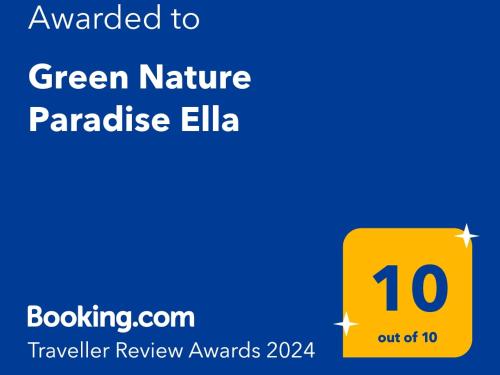 Palkinto, sertifikaatti, kyltti tai muu asiakirja, joka on esillä majoituspaikassa Green Nature Paradise Ella