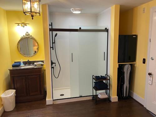 a bathroom with a shower stall and a sink at The Gridley Inn B&B in Waterloo