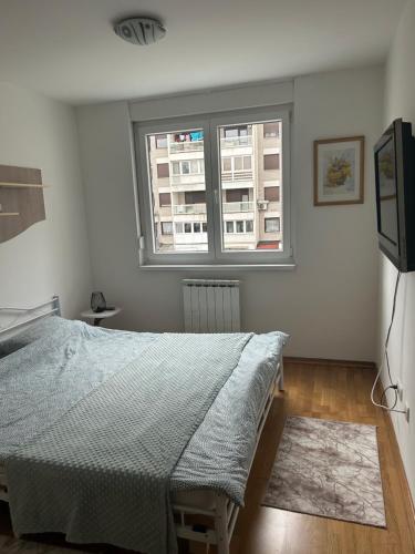 um quarto com uma cama e uma janela em Apartment Mija-Meri em Tuzla
